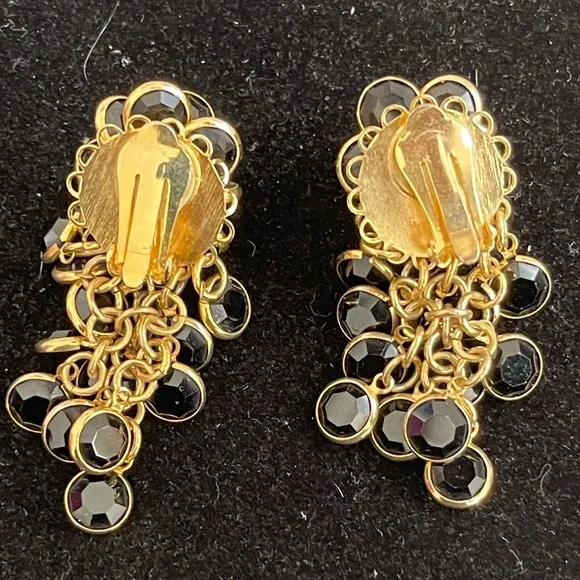Sorrelli Signed Vntg GoldTone&Black Crystal Cluster Chandelier Clip On Earrings - Picture 3 of 5